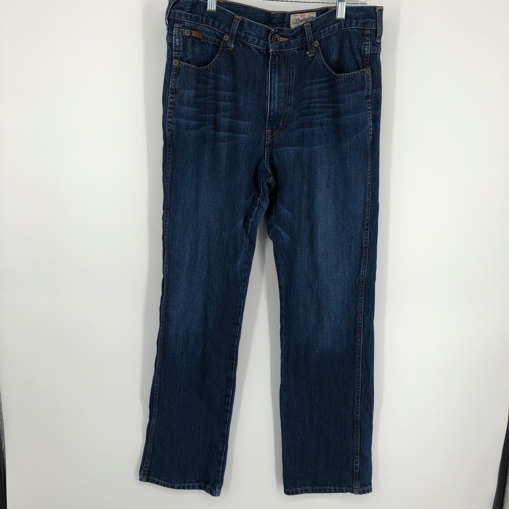 Wrangler Mens Jeans Size 36x31 Dark Wash Long‎ Pants Patch Western Workwear